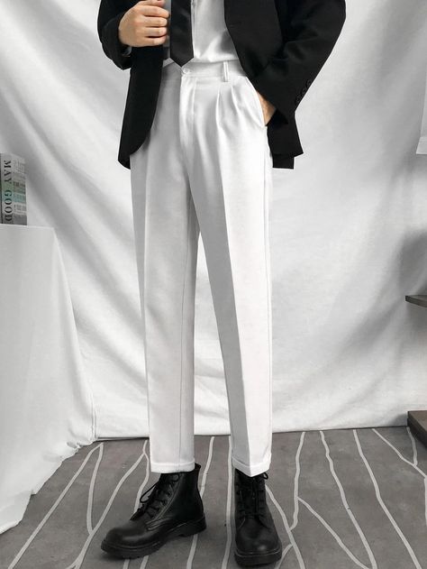 Men Slant Pocket Fold Pleated Tailored Pants | SHEIN USA White Slacks Outfit Men, White Pants Outfit Men Casual, Man White Pants, White Dress Pants Men, White Slacks Outfit, White Trousers Outfit Men, White Trousers Men, Pleated Trousers Men, White Pants Outfit Men