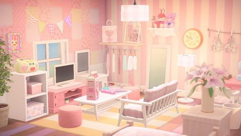 Acnh Pink Room Ideas, Animal Crossing Pink Interior, Animal Crossing Pink Living Room, Acnh Living Rooms Ideas Pink, Animal Crossing Living Room Ideas Pink, Animal Crossing Pink Room, Acnh Pink Living Room, Acnh Pink House, Acnh Pink Room