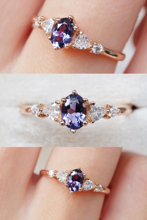 Alexandrite Wedding Rings, Alexandrite Rings, Gold Band Engagement Rings, Engagement Ring Oval, Ring Inspo, Alexandrite Stone, Incandescent Light, Alexandrite Engagement Ring, Alexandrite Ring