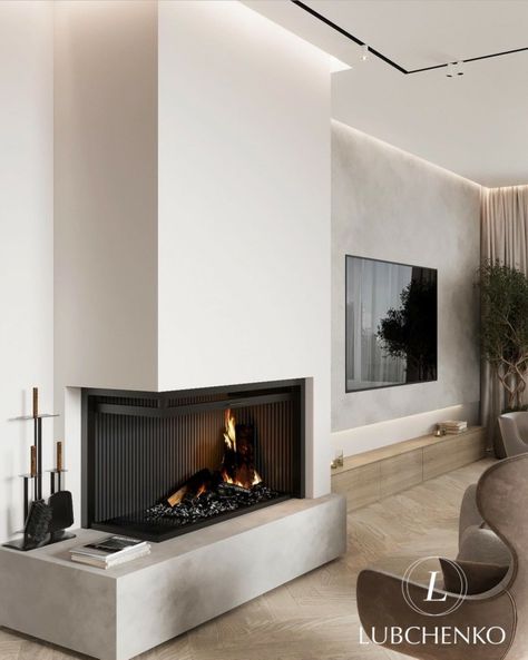 Chimney Modern Design, Asymetrical Fireplace Tv Wall, Classic Fireplace Ideas, Built In Shelves Next To Fireplace, Fireplace With Tv On Side, L Shaped Fireplace, Modern Corner Fireplace Ideas, Living Room With Fireplace And Tv Layout, Modern Gas Fireplace Ideas