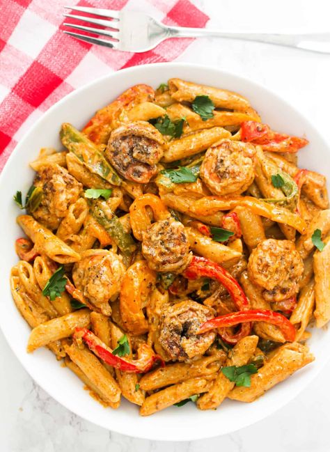 Rasta Pasta with Jerk Shrimp Recipe - Sims Home Kitchen Shrimp Rasta Pasta Recipe, Jamaican Rasta Pasta Recipe, Jamaican Shrimp, Rasta Pasta Recipe, Jerk Shrimp, Rasta Pasta, Pastas Recipes, Jamaican Dishes, Easy Pasta Dinner