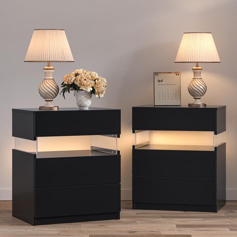 PRICES MAY VARY. 【STYLISH DESIGN】: This LED Nightstand set of 2 with acrylic board and LED light has an acrylic panel and LED light design, which not only brings more light to your room but also adds a modern and elegant feeling to your room 【SPACIOUS STORAGE】: The 3 drawers of the LED nightstand offer large storage space for nighttime necessities. The wood top is ideal to place alarm clock, phone, charger, eyeglasses, keeping them in your reach. 【LED NIGHTSTANDS】-The set 2 bedside nightstand co Black And White Room Ideas, Tall Nightstand, Led Bedside Table, Tall Nightstands, Drawers For Bedroom, Black Bedroom Decor, Bedside Table Set, Black Ivy, Nightstand Set