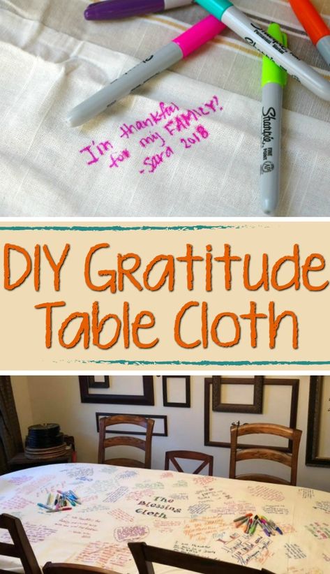 DIY Gratitude Table Cloth - a Thanksgiving Family Tradition | SensiblySara.com Thanksgiving Family Traditions, Thanksgiving Table Cloth, Thanksgiving Traditions Family, Thanksgiving Family Games, Thanksgiving Dinner Table Decorations, Diy Kids Table, Fun Thanksgiving Crafts, Diy Tablecloth, Thanksgiving Tablecloth