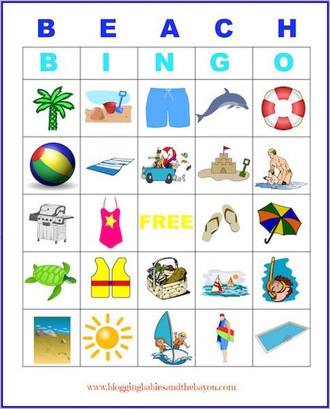 Printables -Beach Bingo & other fun kid activity Summer Flashcards, Beach Bingo, Beach Party Games, Camping Theme Preschool, Activity Printables, Beach Week, Grandparenting, Beach Games, Outdoor Games For Kids