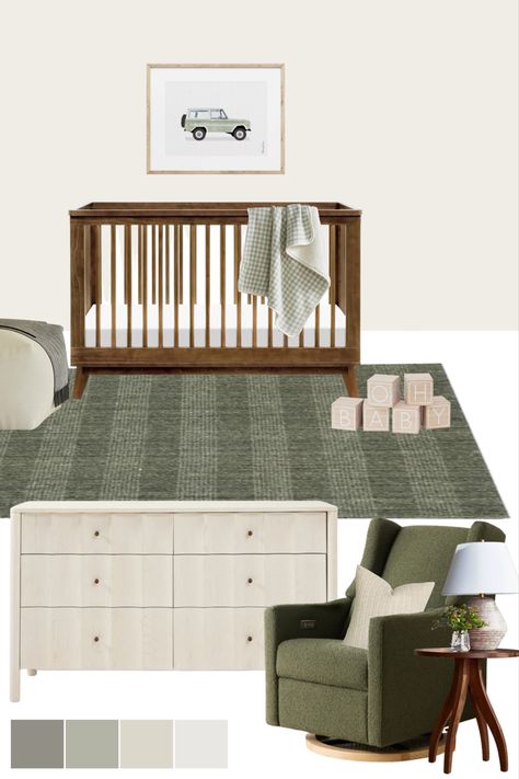 Nursery decor mood board with a dark brown crib and green accent tones! Masculine nursery decor ideas