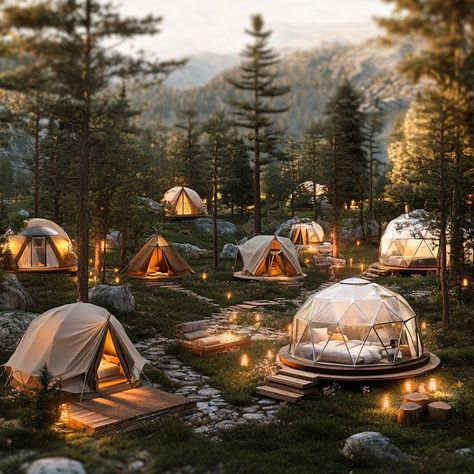 🌲✨ Glamping Goals: Explore the Tent of Your Dreams! 🏕️🌳 Forget boring hotel rooms - it's time to take your next adventure to new heights (literally!) with these stunning glamping tents. From cozy bell tents to futuristic geodesic domes, the options for luxury outdoor living are endless. Imagine drifting off to sleep in a plush yurt, or waking up immersed in a tree canopy oasis. The only hard part? Deciding which one fits your glamping vibe! Discover your perfect match: 🏕️ Safari Tents: Exotic... Yurt Glamping, Glamping Inspiration, Comfy Bedding, Yurt Camping, Luxury Outdoor Living, Glamping Cabin, Tree Tent, Bell Tents, Glamping Tents