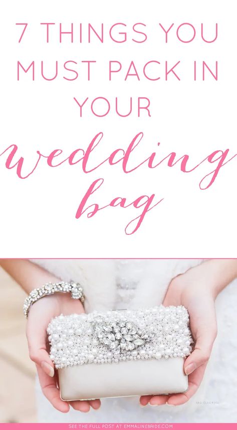 7 Things You MUST Pack in Your Wedding Bag | Emmaline Bride Wedding Day Program, Lipstick Mirror, Wedding Emergency Kit, Emergency Essentials, Bridal Clutch Bag, Wedding Flip Flops, Wedding Kit, Wedding Planning On A Budget, Bride Bag