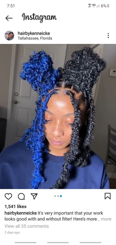 Butterfly Locs Half And Half Color, Half And Half Butterfly Locs, Blue Faux Locs Black Women, Blue And Black Butterfly Locs, Butterfly Locs Blue, Blue Braided Hairstyles, Butter Locs, Blue Soft Locs, Blue Faux Locs