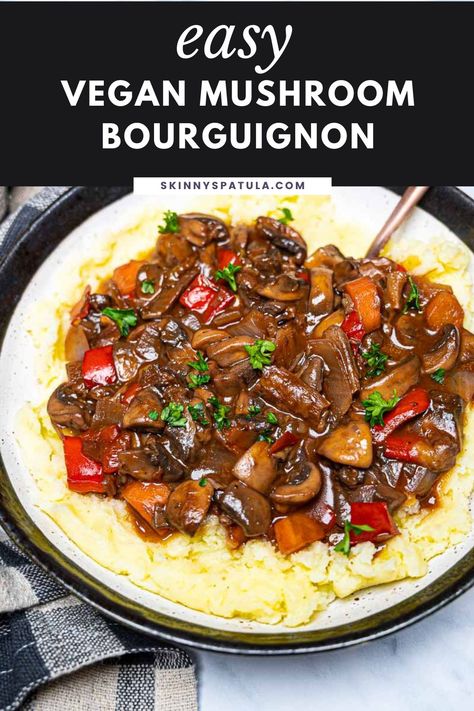 A mushroom lover’s delight, this vegan mushroom bourguignon is rich, flavourful, and super easy to make. Red wine and thyme add depth to this creamy vegan bourguignon made with a mix of porcini and button mushrooms. Serve it over mashed potatoes for an uncomplicated yet satisfying weeknight dinner. #mushroombourguignon #veganbourguignon #veganmushroomstew Vegan Bourguignon, Vegan Mushroom Bourguignon, Lentil Potato Soup, Mushroom Bourguignon, Red Wine Recipe, Over Mashed Potatoes, Vegan Mashed Potatoes, Mushroom Stew, Vegan Mushroom