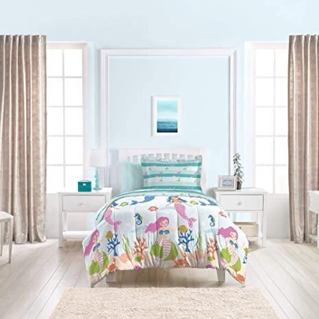 dream FACTORY Kids 5-Piece Complete Set Easy-Wash Super Soft Microfiber Comforter Bedding, Twin, Light Blue Mermaid Dreams Mermaid Comforter, Girls Comforter Sets, Girl Comforters, Mermaid Bedding, Beach Bed, Bedding Twin, Bedroom Beautiful, Coastal Bedding, Mermaid Room