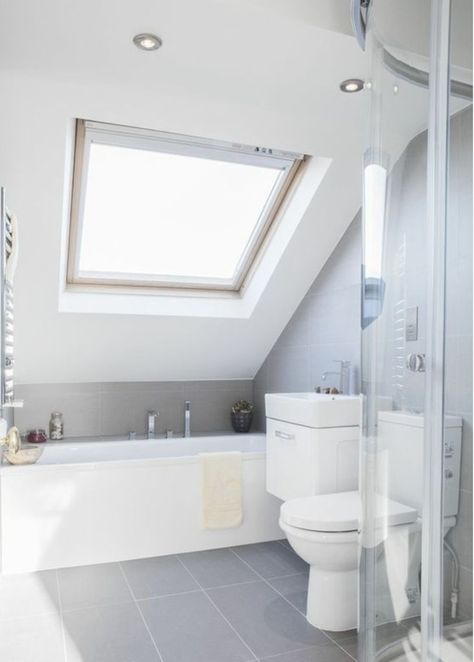 Slanted Ceiling Bathroom, Attic Bathroom Ideas, Small Attic Bathroom, Attic Renovation Ideas, Grey Bathroom Tiles, Loft Bathroom, Slanted Ceiling, Small Attic, Attic Bathroom