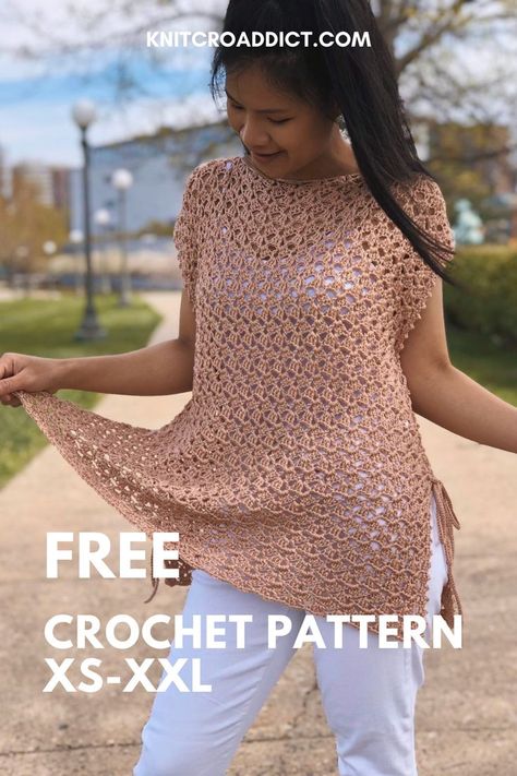 Learn to crochet an easy summer top with a step by step video tutorial and written instructions. Includes women's sizes XS-XXL. Summer Poncho, Crochet Tunic Pattern, Crochet Blouse Pattern, Summer Top Pattern, Granny Stitch, Crochet Cardigan Pattern Free, Gilet Crochet, Crochet Sweater Pattern Free, Crochet Ladies Tops