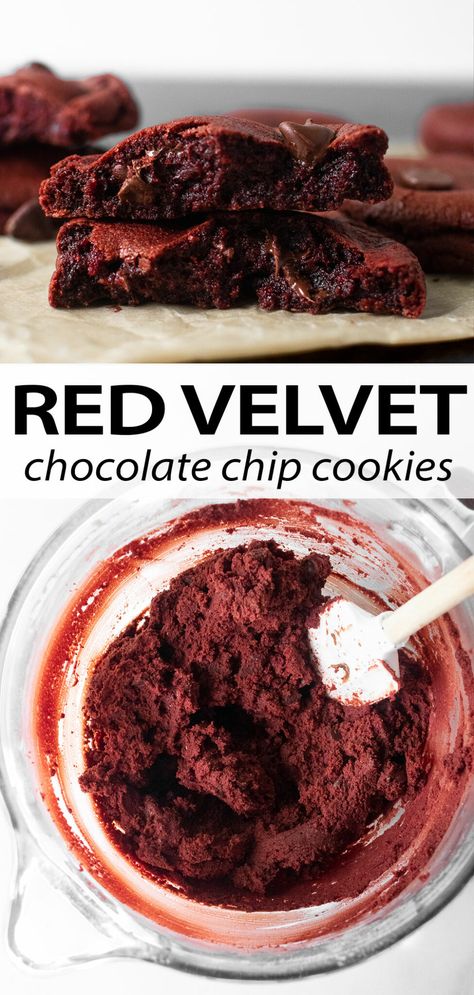 These red velvet chocolate chip cookies are a colorful spin on the classic chocolate chip cookies. Enjoy the soft-baked centers, chewy edges with hints of buttery, cocoa and vanilla flavors. While the cookies are still warm, gently press a few chocolate chips to the tops for a finished Valentine’s Day or Christmas cookie! #cookies #redvelvet #redvelvetcookies #valentinesday Red Velvet Chocolate Chip Cookies, Red Velvet Cookie Recipe, Red Velvet Chocolate, Classic Chocolate Chip Cookies, Red Velvet Cookies, Soft Bakes, Gel Food Coloring, Red Food, Cookie Scoop