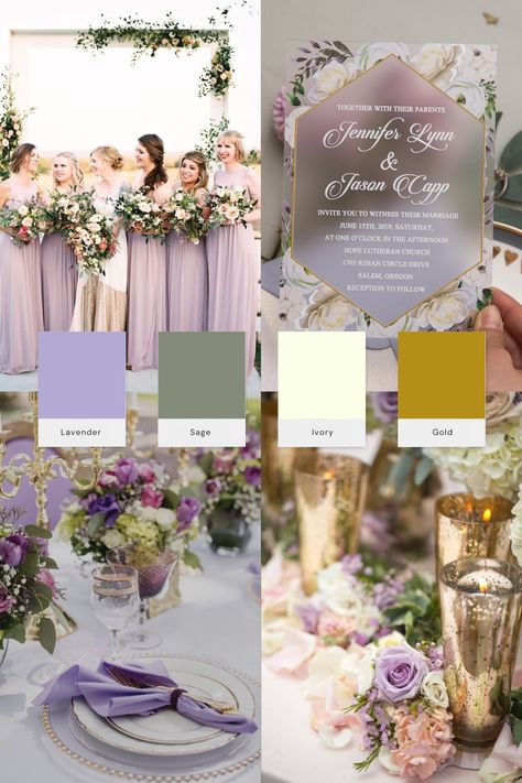 Lavender Sage Ivory Gold Lavender Wedding Color Palettes 2023 Bridemaids Dress Bridal Party Table Setting Invitation Centerpieces Bouquet Wedding Cake Color Palettes 2023, Bridal Party Table, Lavender Wedding Colors, Sage Wedding Colors, Lavender Color Palette, Tangled Wedding, Purple And Gold Wedding, Wedding Color Scheme, Wedding Color Palettes