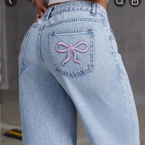 Brand New, Perfect Condition Bow Jeans, Wide Legged Jeans, Embroidered Bow, Cute Jeans, Embroidered Hats, Embroidered Jeans, Women Denim Jeans, Cute Simple Outfits, New Wardrobe