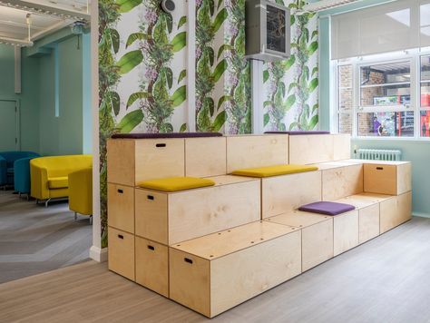 Collaborative Furniture, Tiered Seating, Active Learning, Modular Seating, Freestanding Storage, Wood Stairs, Collaboration Space, Workplace Design, Workspace Design