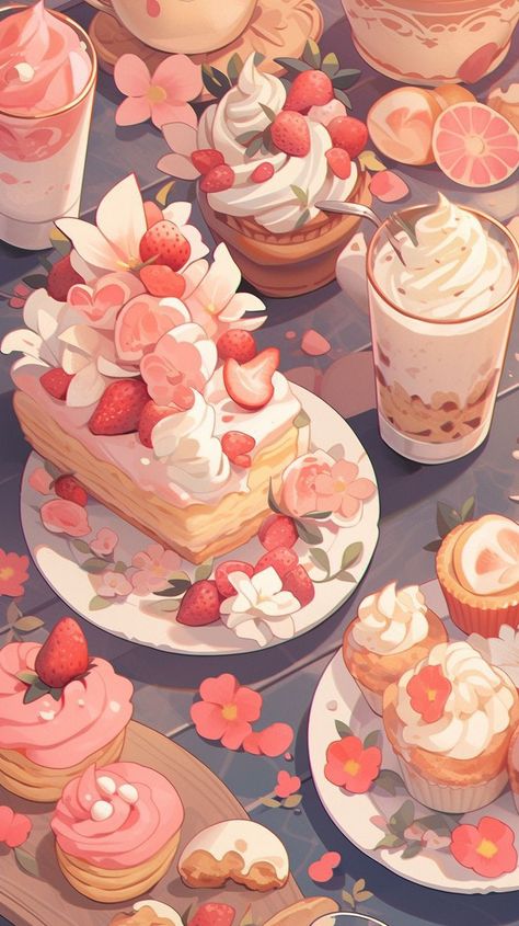 Desserts Wallpaper Backgrounds, Anime Food Desserts, Sweets Illustration Food Art, Cute Bakery Wallpaper, Dessert Art Illustration, Cute Food Art Wallpaper, Anime Sweets Food, Cake Background Design, Dessert Aesthetic Wallpaper