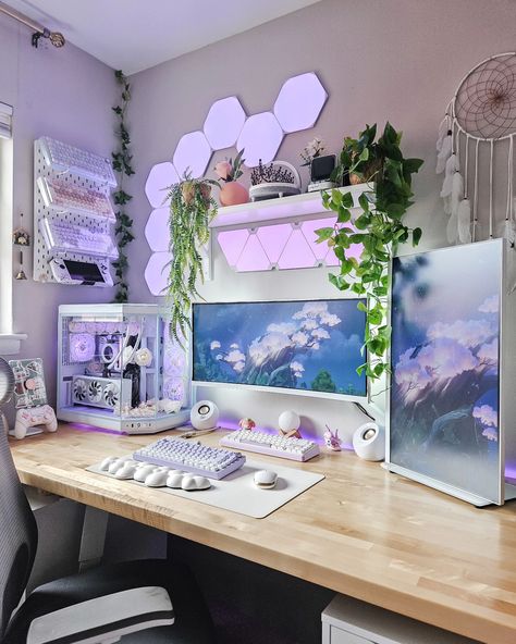 Happy Monday lovelies 🪻🤍🌸 Couple Gaming Room Setup, So Over It, Video Game Room Decor, Purple Desk, Cozy Desk, Pink Games, Gamer Setup, Pink Desk, Video Game Room Design