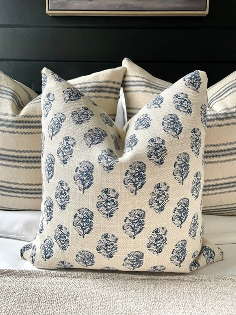 Modern Farmhouse Pillow, Beautiful Modern Farmhouse, Blue Couches, Farmhouse Fabric, Blue Cottage, Farmhouse Pillow, Blue Pillow Covers, Farmhouse Pillows, Master Bedding