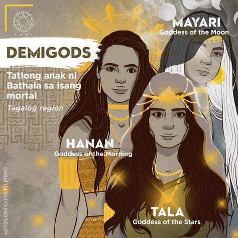 Children of Bathala: Mayari, Tala, and Hanan.Mayari is the Goddess of the Moon. Tala is the Goddess of the Stars. Hanan is the Goddess of the Morning. Philippines Gods And Goddesses, Mythical Creatures Philippines, Philippine Mythology Goddesses, Filipino Mythical Creatures, Philippines Mythology Goddesses, Filipino Literature, Filipino Goddess, Filipino Mythology, Philippine Mythology