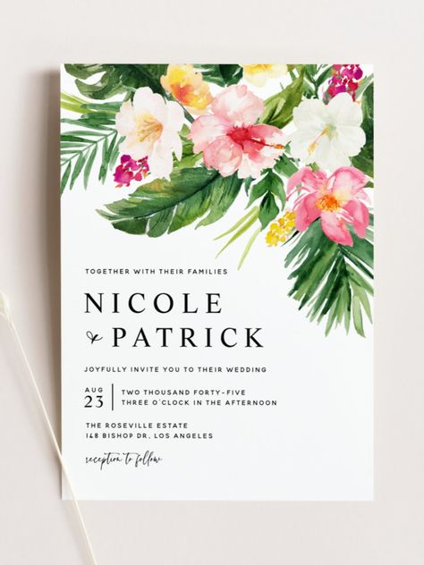 Watercolor Tropical Flowers and Greenery Wedding Invitation Invite guests to your wedding with this customizable tropical wedding invitation. It features watercolor garland of hibiscus, plumeria, palm leaves and other tropical plants. Personalize this watercolour wedding invitation by adding your own details. This summer botanical wedding invitation is perfect for destination weddings and summer weddings #marriage #wedding #invitations #weddinginvitations #wedding #tropical Hawaiian Wedding Invitations, Wedding Shower Signs, Wedding Announcement Cards, Tropical Greenery, Budget Wedding Invitations, Beach Wedding Cake, Flowers And Greenery, Tropical Wedding Invitations, Black And White Wedding Invitations