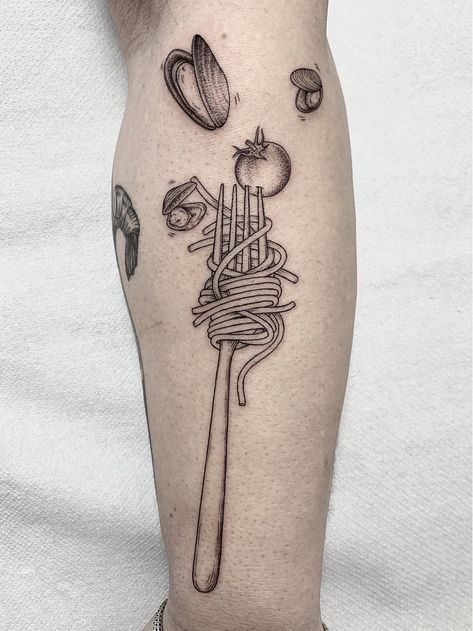 Food Lover Tattoo, Frying Pan Tattoo, Chef Tattoo Design, Fork Tattoo, Pasta Tattoo, Cooking Tattoo, Culinary Tattoos, Spaghetti Fork, Wine Tattoo