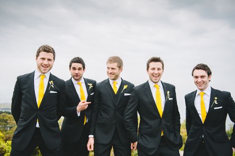 black suits and yellow ties for the groom and groomsmen! ~  we ❤ this! moncheribridals.com Black Wedding Suit Groom, Black Bridemaids Dresses, Wedding Man Suit, Batman Wedding Theme, Black Groomsmen Suits, Wedding Attire For Men, Groom Suit Black, Yellow Wedding Colors, Batman Wedding