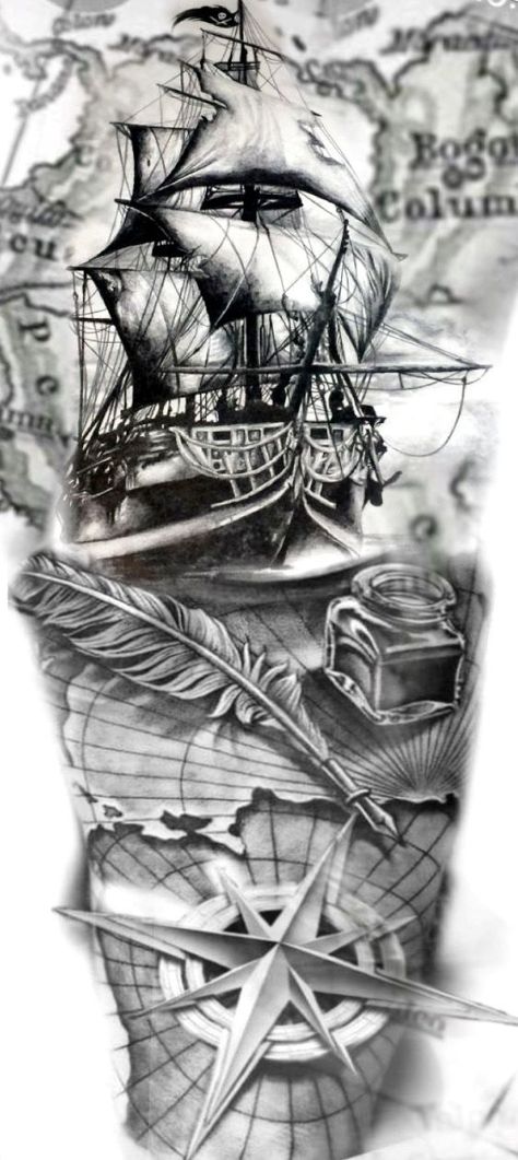 Pirates Ship Tattoo, Burn The Boats Tattoos, Nautical Theme Tattoo, Old Map Tattoo, Viking Ship Tattoo Design, Viking Boat Tattoo, Pirate Themed Tattoos, Tattoo Pirate, Viking Ship Tattoo