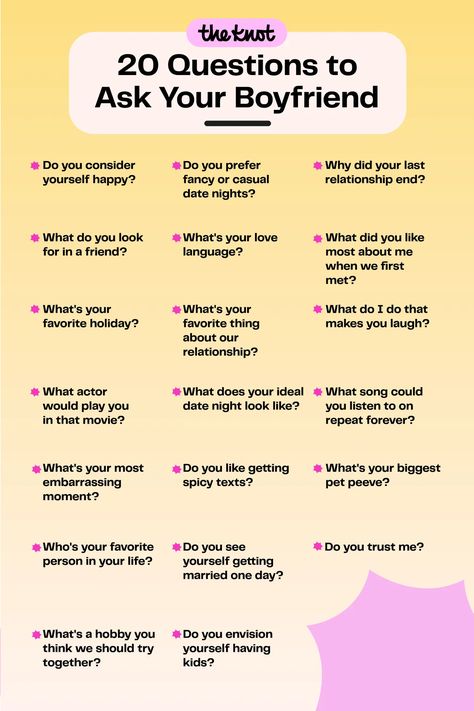 We've compiled the ultimate list of things to ask your boyfriend. Here, you'll find 230 deep, fun and juicy questions to ask your bf, spanning a variety of thought-provoking topics and subjects. Trick Questions To Ask Your Boyfriend, Hard Questions To Ask Your Boyfriend, Juicy Questions To Ask A Guy, Juicy Questions To Ask Your Boyfriend, Questions To Ask Your Bf, Question To Ask Your Boyfriend, Juicy Questions To Ask, Things To Ask Your Boyfriend, Hard Questions To Ask