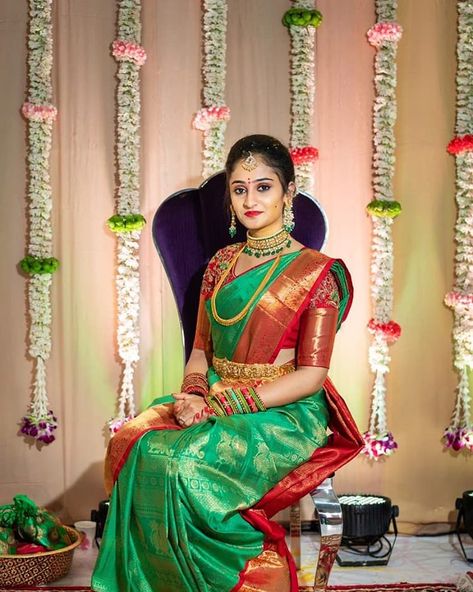 Makeup for the beautiful bride kruthuki on her pellikuthuru function by lucy #siromakeupstudio #edwardmakeupartist #wedmegood #weddingsutra… Green Silk Saree Wedding, Pellikuthuru Function, Engagement Sarees, Saree Colors, Indian Celebration, Green Silk Saree, Silk Saree Wedding, South Indian Wedding Saree, Marriage Function