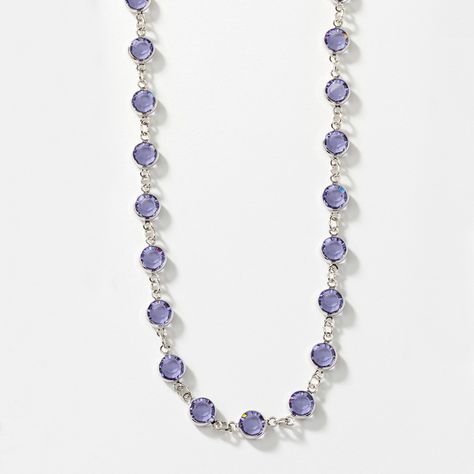 Tanzanite crystal; rhodium plating; 36" endless.  Made in the USA. Dark Purple Necklace, Touchstone Crystal Jewelry, Tanzanite Crystal, Home Parties, Swarovski Crystal Jewelry, Purple Necklace, Swarovski Crystal Necklace, Swarovski Necklace, Pink Necklace