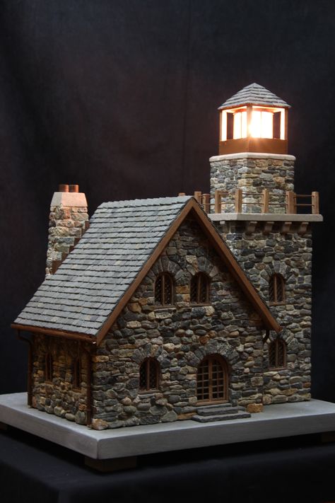 stone lighthouse Dollhouse Plans, Fairy House Crafts, Cardboard House, Fairy Garden Houses, Stone Cottage, Miniature Houses, Miniature Crafts, Stone Houses, Miniature Fairy Gardens