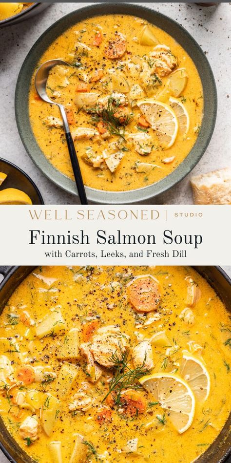 Creamy Finnish Salmon Soup with Dill (Lohikeitto) Lohikeitto - Finnish Salmon Soup, Finnish Salmon Soup (lohikeitto), Soup With Creme Fraiche, Finish Salmon Soup Recipes, Finnish Soup Recipe, Salmon Soup Finnish, Nordic Soup Recipe, Finish Salmon Soup, Soup With Salmon