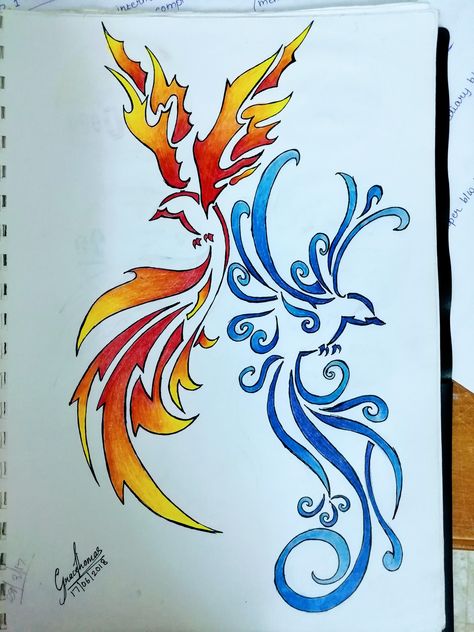 Fire and Ice birds Fire Wings Drawing, Fire And Water Drawing, Fire And Ice Drawing, Fire And Ice Poem, Fire Drawing Ideas, Ice Tattoo, Ice Drawing, Phoenix Drawing, Ice Shirt