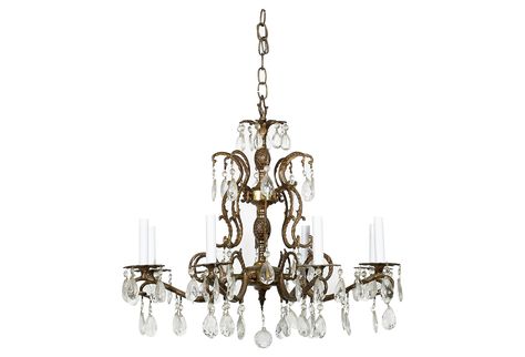 Early-1900s floral and pineapple designed bronze nine-arm chandelier with prisms. Hardwired and uses low wattage chandelier bulbs. Chain, 9"L. Ceiling plate not included. Brass Crystal Chandelier, Baroque Chandelier, Electric Bulb, Arm Chandelier, Candle Chandelier, Antique Chandelier, Crystal Prisms, Rococo Style, Chandeliers And Pendants