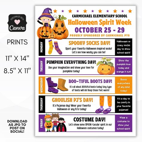 halloween spirit week flyer Halloween Theme Spirit Week, Theme Week Ideas For Work, Halloween Spirt Week Ideas School, October Spirit Week Ideas Preschool, Halloween Theme Week, Halloween Spirit Week Ideas For Preschool, Movie Spirit Week Ideas, Fall Spirit Week Ideas For Workplace, Halloween Spirit Week Ideas For Daycare