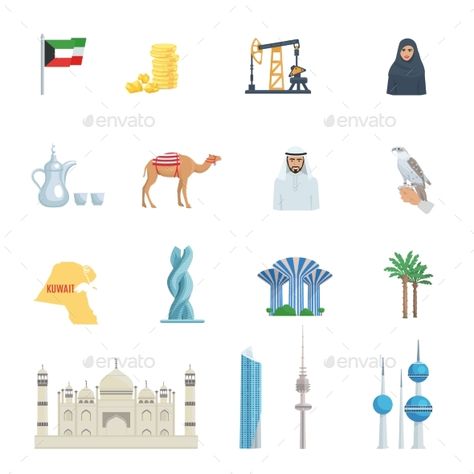 Kuwait culture flat icon set with traditional symbols costumes buildings and animals vector illustration. Editable EPS and Render Kuwait Culture, Animals Vector Illustration, Teaching Culture, Kuwait National Day, Landmark Poster, Graphic Shapes Design, Fringe Rugs, Eid Crafts, Icon Design Inspiration