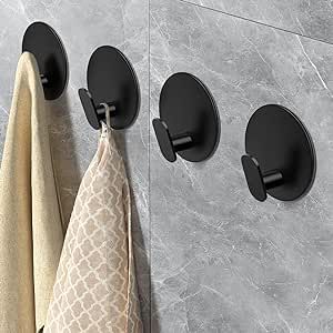 EAGMAK Towel Hooks for Bathroom, 4 Pack Adhesive Hooks, SUS304 Stainless Steel Shower Hooks, Round Wall Hook Holder for Hanging Robe, Loofah, Coat, Clothes, Hat, Key in Washroom Kitchen Hotel (Black) Towel Hooks For Bathroom, Hooks For Towels, Hooks For Bathroom, Metal Wall Hooks, Kitchen Hooks, Adhesive Hooks, Adhesive Wall Hooks, Bathroom Gadgets, Towel Organization