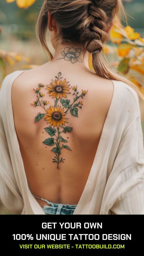 Sunflower Tattoo Ideas - Tattoo Build Back Sunflower Tattoo, Sunflower Thigh Tattoo, Sunflower Back Tattoo, Sunflower Shoulder Tattoo, Small Best Friend Tattoos, New Tattoo Styles, Sunflower Tattoo Ideas, Any Tattoo, Button Tattoo