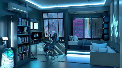 Sci Fi Room Decor, Cyberpunk Room Interiors, Cyberpunk House, Peaceful Colors, Sci Fi Room, Cyberpunk Room, Futuristic Bedroom, Interior Concept Art, Japanese Style House