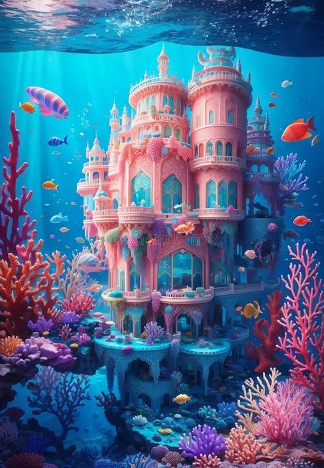 Underwater Castle, Minecraft Underwater, Mermaid Cave, Dolphin Drawing, Coral House, Coral Castle, Underwater House, Castle Drawing, Sea Illustration