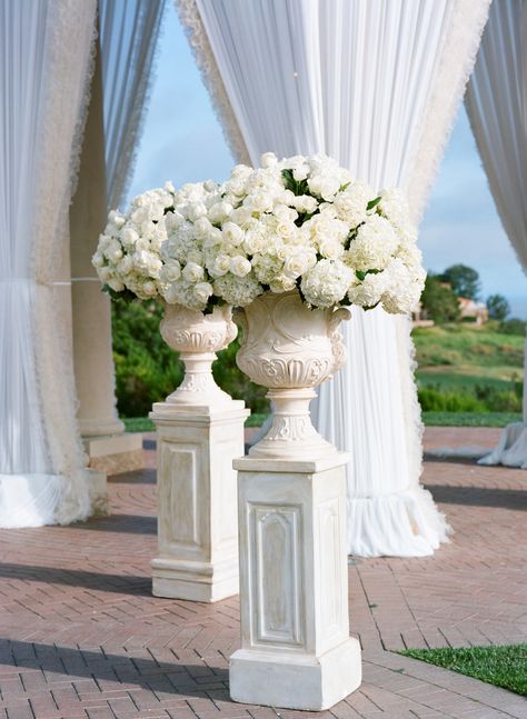 Pillars For Wedding Ceremony, Floor Vase Wedding Ceremony, Country French Wedding, Large White Flower Arrangements, White Columns Wedding Ceremony, White Floral Wedding Arrangements, White Flower Decor, Traditional White Wedding, Wedding Ceremony Flower Pillars