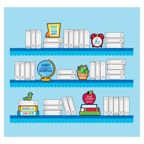 Make your classroom bulletin board stand out and be noticed! This classroom decorating set comes with a collection of different colorful designs that you can put all at once or use to switch up the look frequently. Blank book-shaped cutouts have lines for "Author" and "Book title" that can be filled in with students' names and accomplishments. They'll love seeing their name in print! You might also use the book titles to represent the books you read together...or the books students finish on the Classroom Bookshelf Bulletin Board, Classroom Decor Reading, Book Bulletin Boards Elementary, Paper Bookshelf Bulletin Board, Book Shelf Bulletin Board, Bookshelf Bulletin Board, Open Book Bulletin Board, Books We Love Bulletin Board, Teachers Favorite Books Bulletin Board