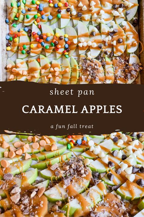 There is nothing that screams fall more than a yummy caramel apple. However, when eating them with little kids they often are hard to eat and can feel frustrating for the child (and parents!). These sheet pan caramel apples are a fun twist on a classic fall favorite and are an easy way to avoid the messiness of eating a whole caramel apple without sacrificing any of the taste! Apples And Caramel Recipes, Caramel Apple Sheet Pan, Healthy Caramel Apples, Apple And Caramel Desserts, Sheet Pan Caramel Apple Slices, Sheet Pan Caramel Apples, Fun Thanksgiving Desserts For Kids, Sliced Caramel Apples, Apple Snacks For Kids