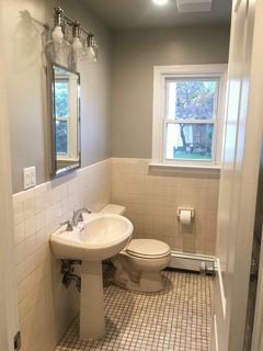 Paint color suggestions for my dated beige/almond bathroom Beige Tiles In Bathroom, Bm Stonington Gray, Retro Tile Bathroom, Tan Tile Bathroom, Sw Dovetail, Small Beige Bathroom Ideas, Sw Mindful Gray, Beige Bathroom Walls, Bathroom Beige Tile