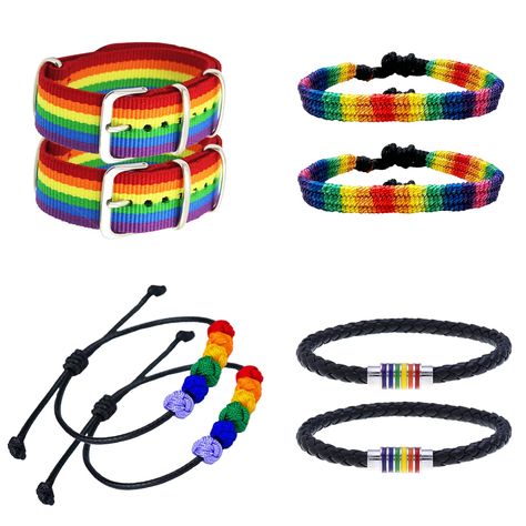 PRICES MAY VARY. Show your Pride anytime with our Rainbow Pride Flag Bracelets! These bracelets are the perfect way to express yourself. There are 8 pieces of rainbow bracelets, you can also share some of them with your family and friends. Our pride rainbow bracelets are made of alloy, nylon, stone, braided rope and leather. Exquisite workmanship, not easy to break, skin-friendly light, comfortable to wear for a long time. Add some happiness and color to your outfit with this bracelets. It also Gay Pride Bracelet, Rainbow Flag Pride, Pride Bracelet, Mens Braids, Rainbow Bracelet, Lgbt Pride, Rainbow Pride, Gay Pride, Pride Flags