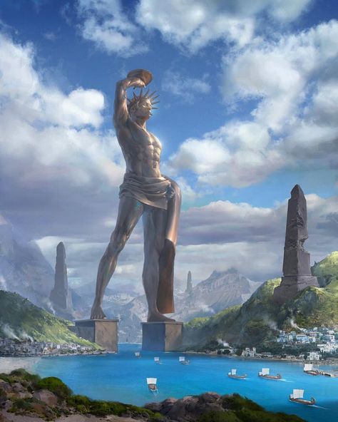 Colossus Of Rhodes, Greek Mythology Art, Fantasy City, Fantasy Places, Mythology Art, Greek Art, Fantasy Art Landscapes, Fantasy Concept Art, High Fantasy