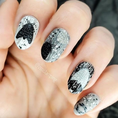 Moth Nail Art, Moth Nails, Peppered Moth, White Moth, Artist Collaboration, The Industrial Revolution, Magic Nails, Nail Art Stamping Plates, Gothic Nails