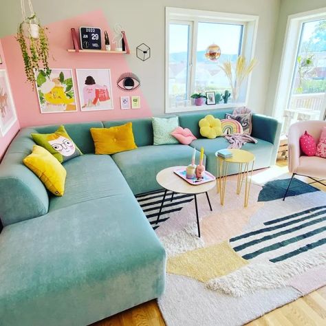 Pastel Colors Explode in This Scandinavian Home — Photos | Apartment Therapy Ikea Yellow Chair, Pastel Living Room Ideas, Best Greige Paint, Best Greige, Yellow Side Table, Pastel Living Room, Greige Paint, Colorful Apartment, House Dream