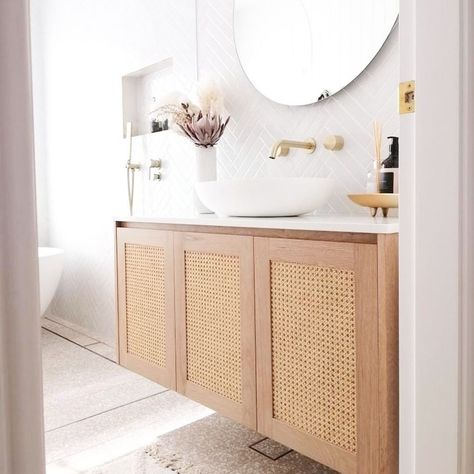 Nothing quite says coastal like rattan furniture! That's what makes the Loughlin Pacific Vanity so perfect for coastal inspired bathroom renovations. It's beautiful timber and rattan front make it the ultimate choice in bathroom vanity units. Image | @00jko00 via @tilecloud Coastal Style Bathroom, Shop Tile, Timber Vanity, Albert Park, Coastal Bathrooms, Timber Furniture, Style Bathroom, Blue Space, Bathroom Vanity Units